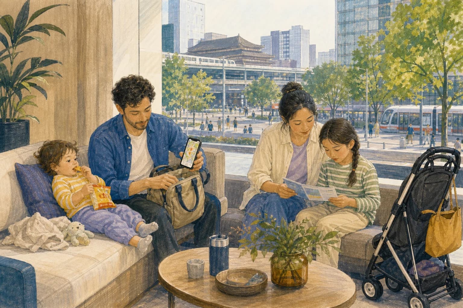 A family with two children, a lightweight stroller, snacks, and a day bag takes a quiet break in a city hotel lounge in China.