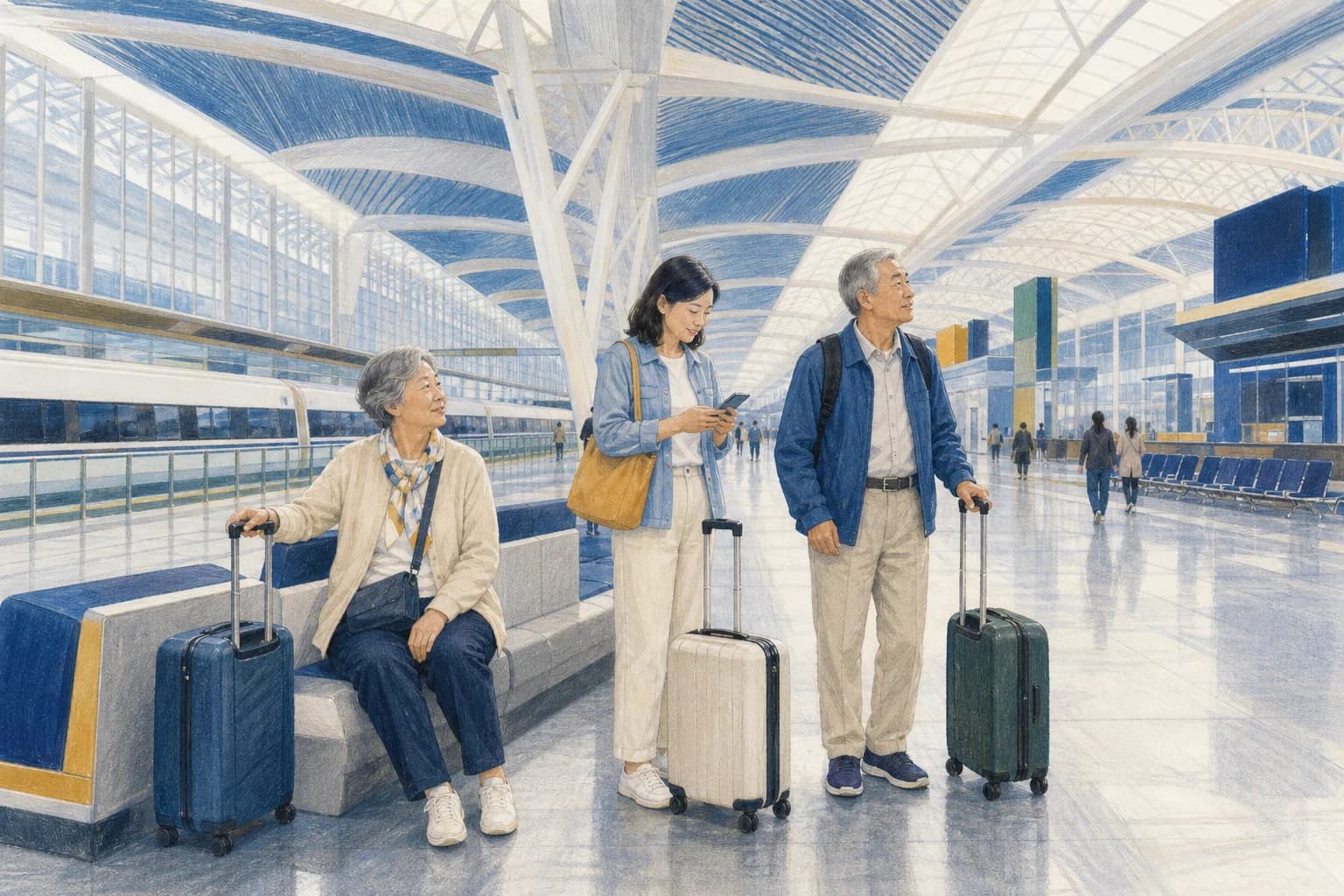 An adult daughter checks the route while traveling through a large Chinese high-speed railway station with her older parents.